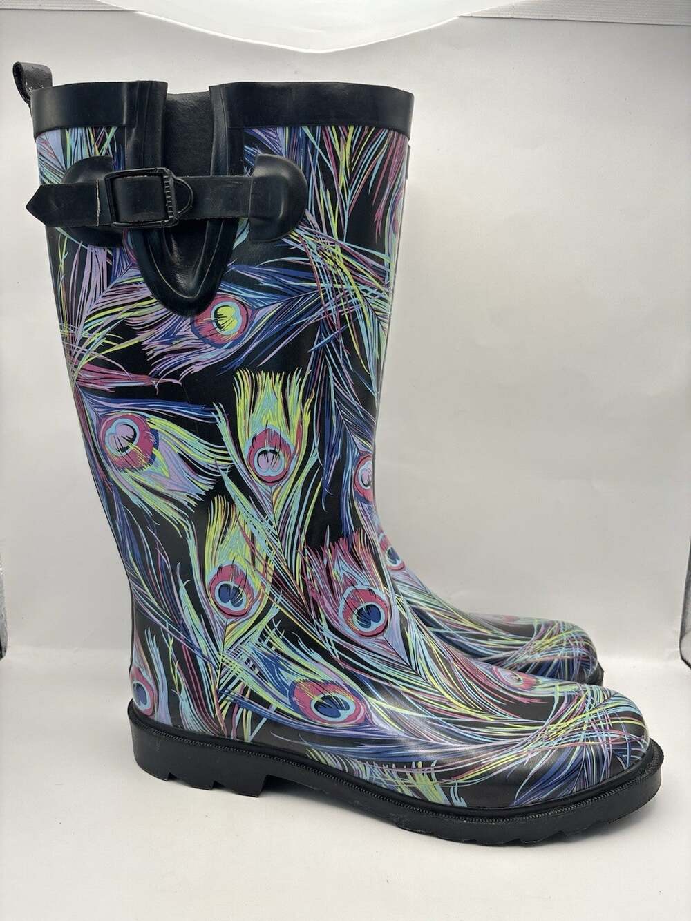 Capelli New York Peacock Feather Tall Rubber Rain Boots Women Size 10